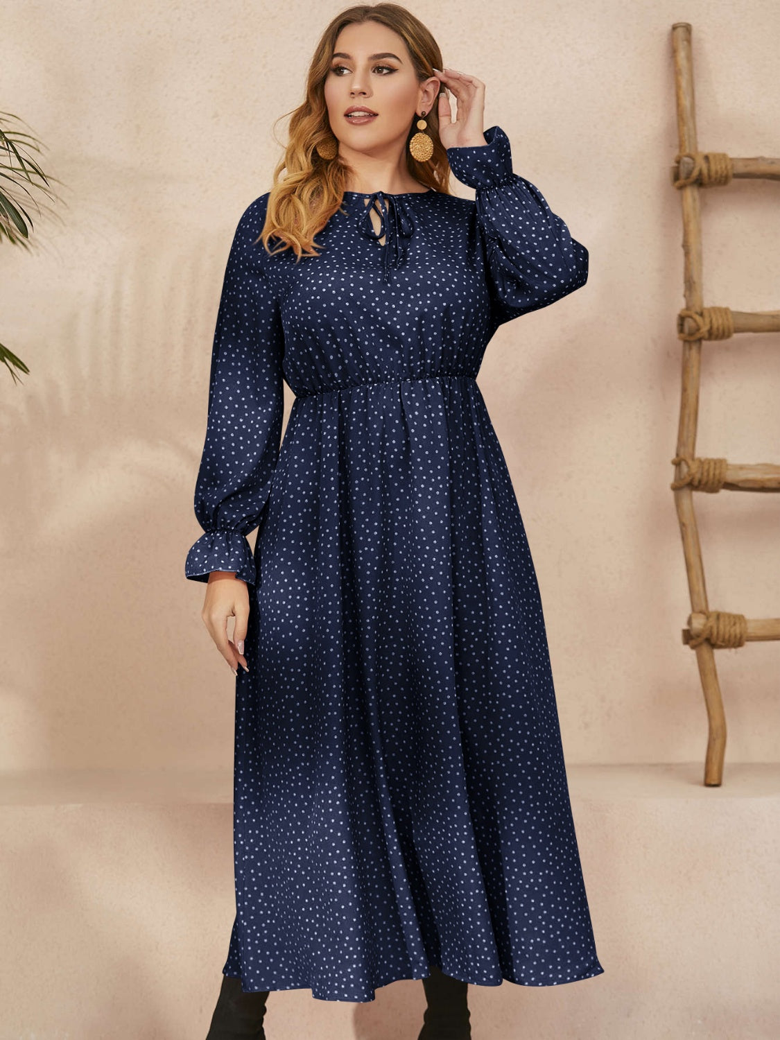 Rona Ruffled Polka Dot Long Sleeve Midi Dress