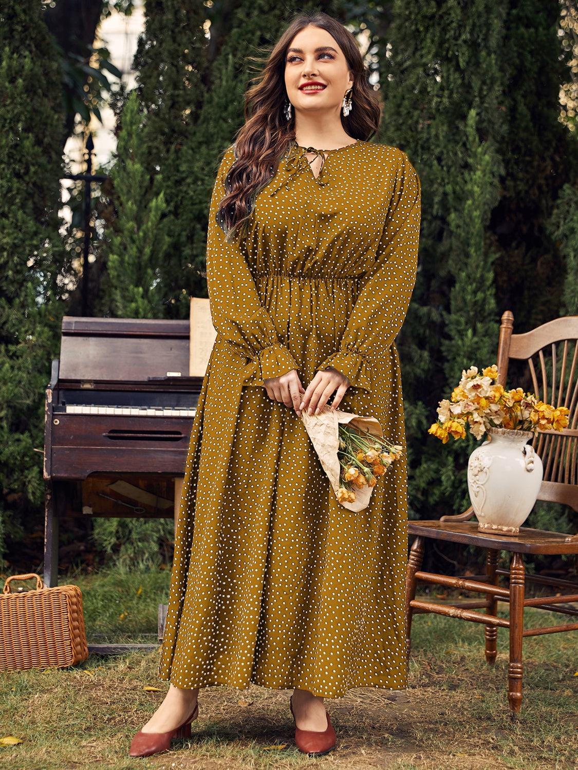 Rona Ruffled Polka Dot Long Sleeve Midi Dress