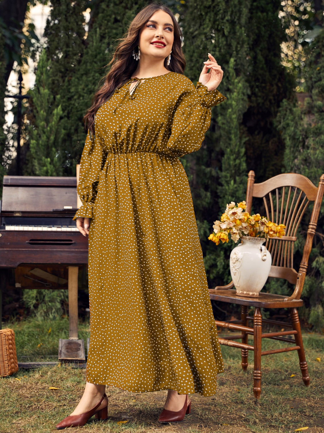 Rona Ruffled Polka Dot Long Sleeve Midi Dress