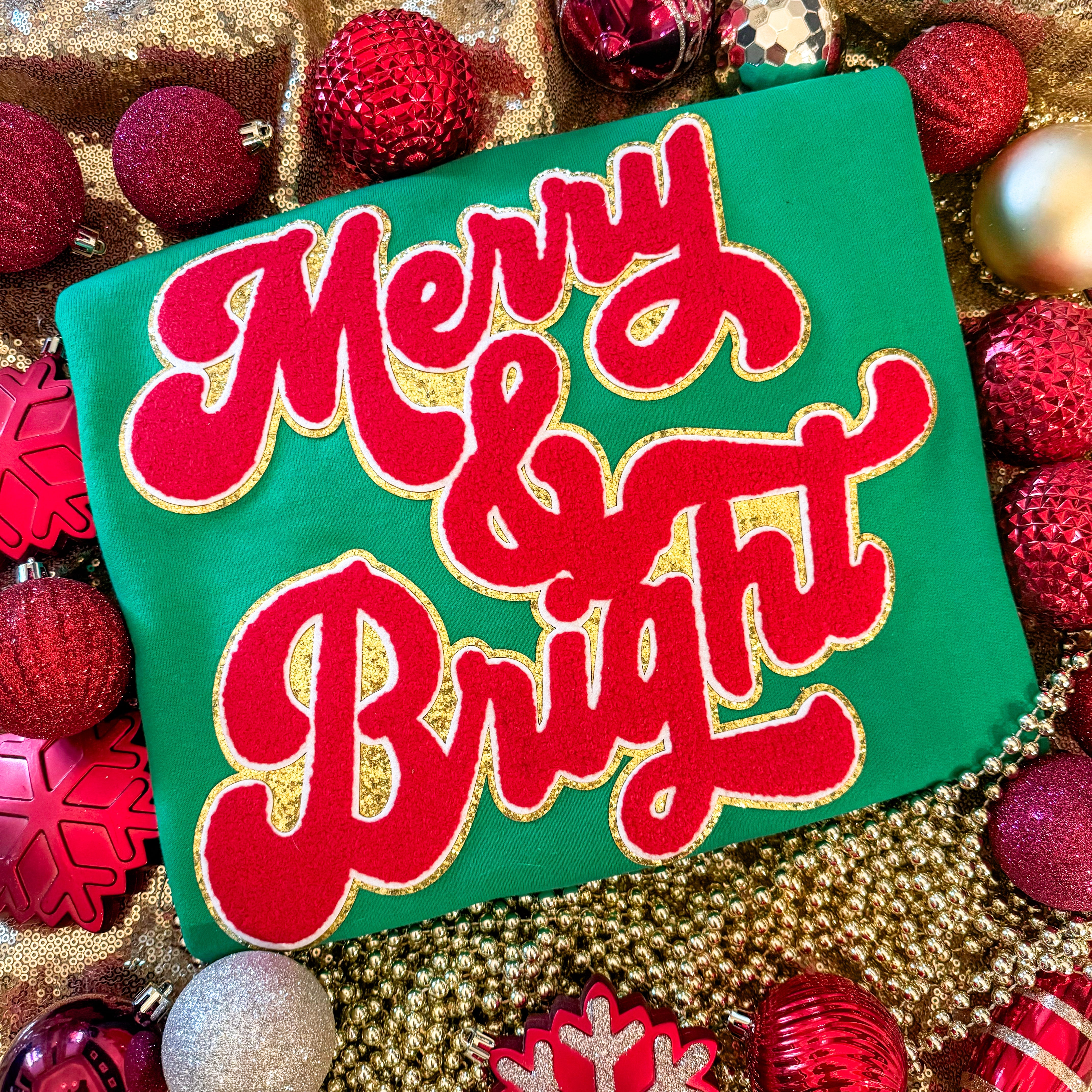 Merry And Bright Chenille And Glitter Patch Sweatshirt