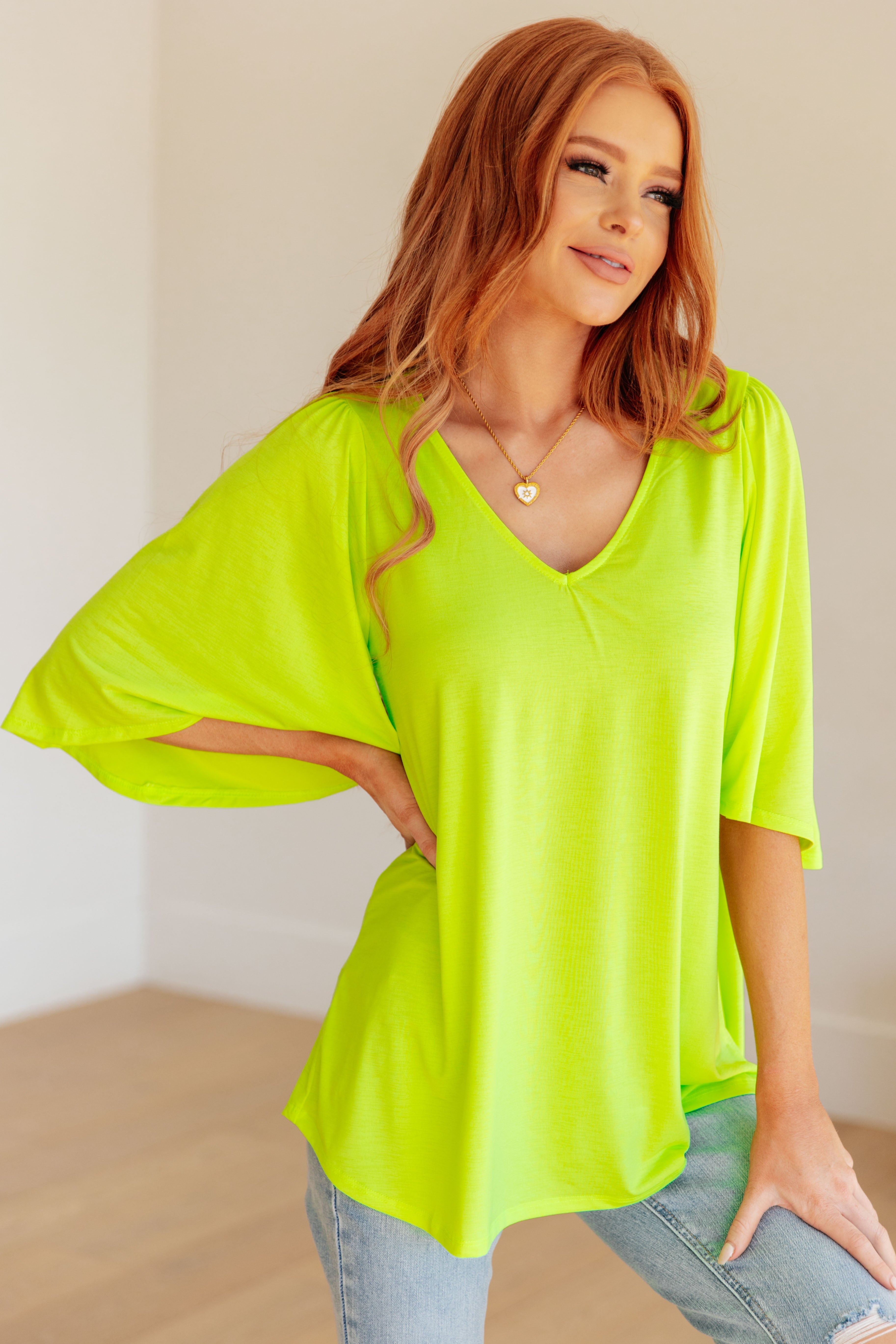 Cali V-Neck Blouse in Neon Green