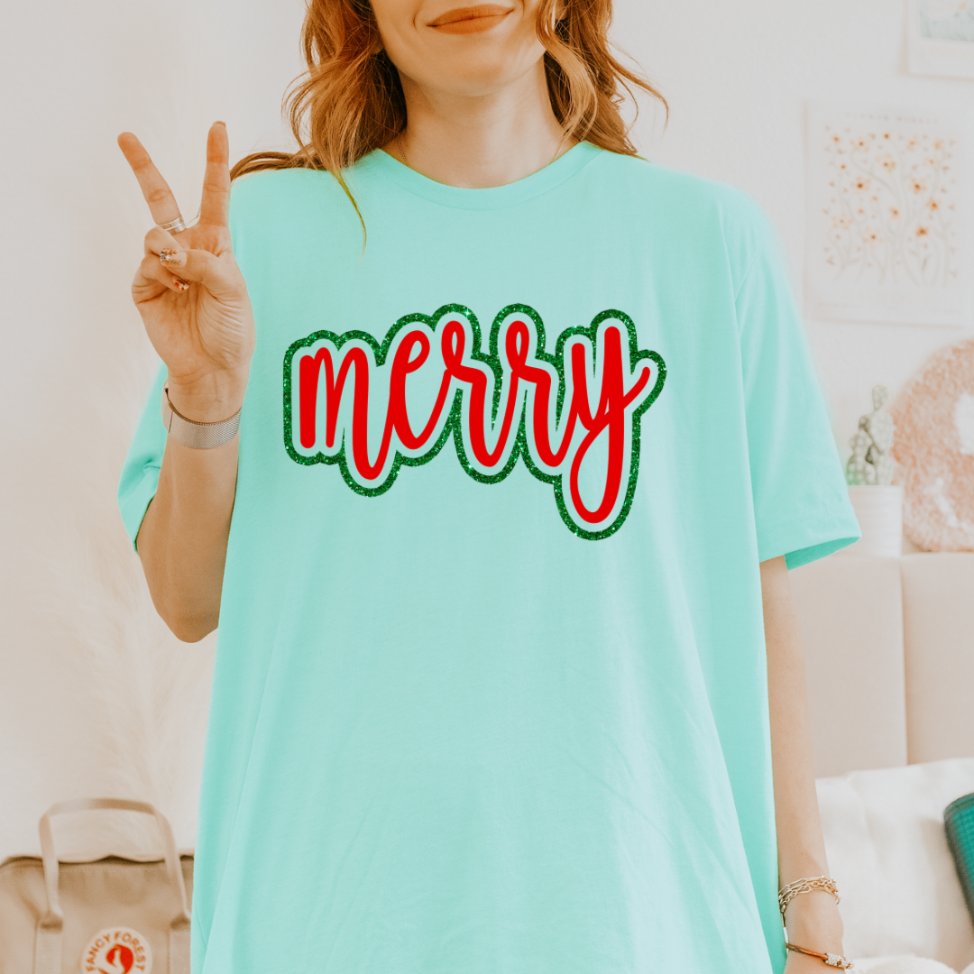 Merry With Faux Glitter T-Shirt (Sweatshirt options available)