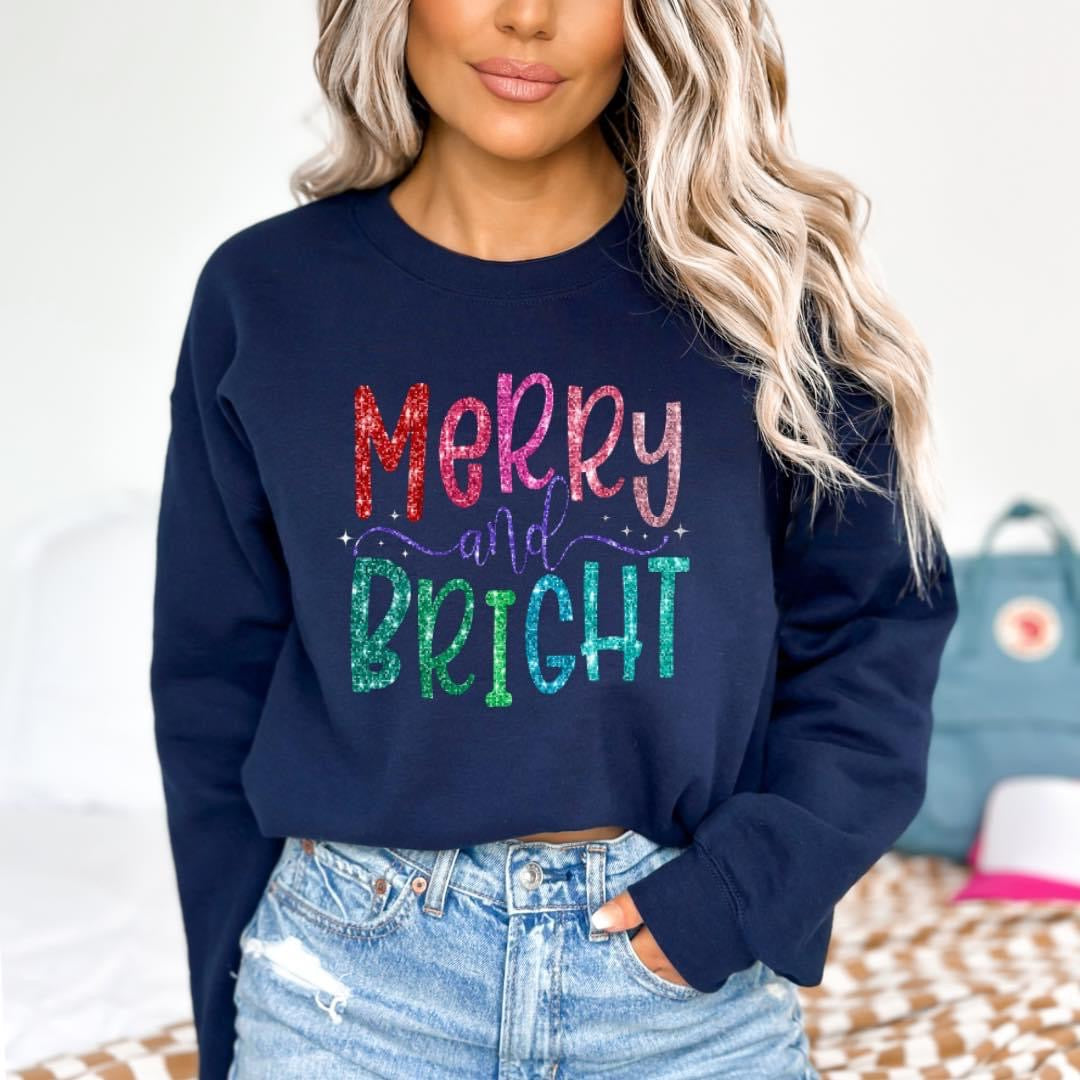 Merry And Bright Faux Sparkle Sweatshirt (T-shirt options available)