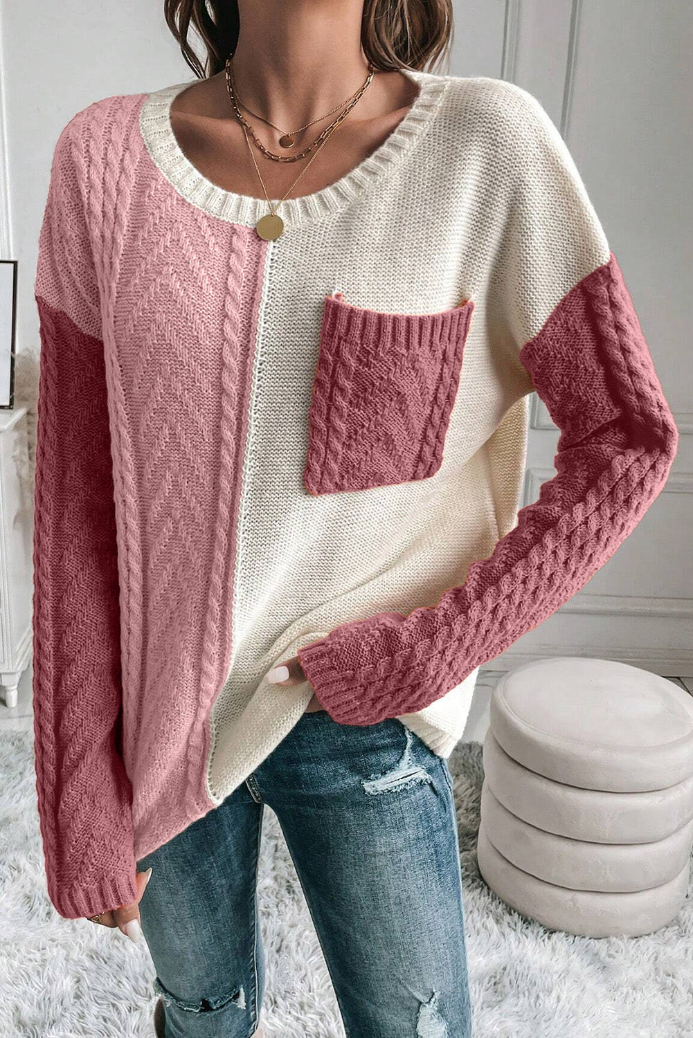 I'll Call You Color Block Cable Knit Sweater