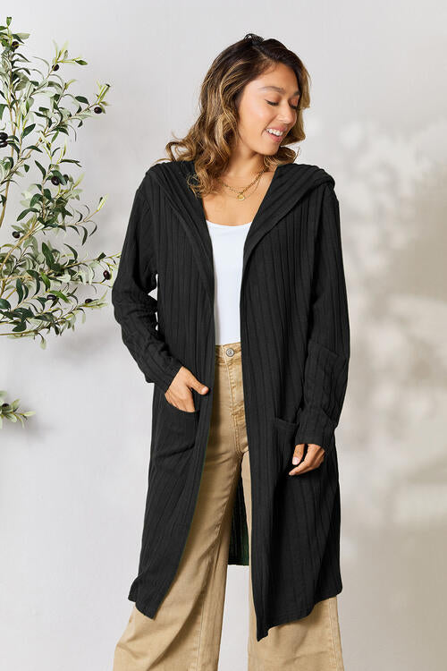 Call Me Cozy Ribbed Open Front Long Sleeve Cardigan Black S Hooded Cardigan by Vim&Vigor | Vim&Vigor Boutique