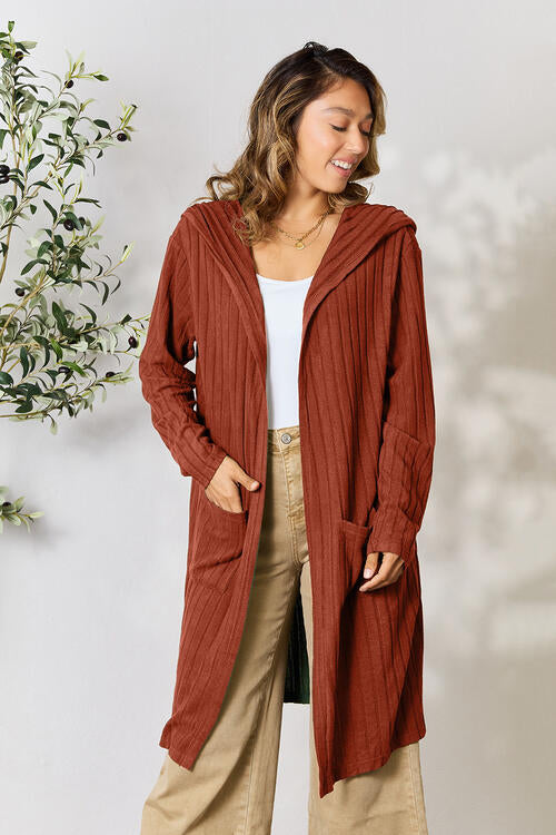 Call Me Cozy Ribbed Open Front Long Sleeve Cardigan Brick Red S Hooded Cardigan by Vim&Vigor | Vim&Vigor Boutique