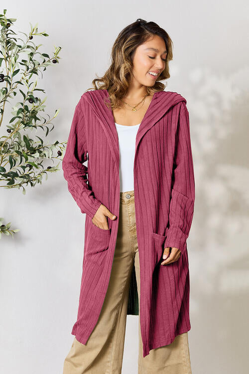 Call Me Cozy Ribbed Open Front Long Sleeve Cardigan Fuchsia Pink S Hooded Cardigan by Vim&Vigor | Vim&Vigor Boutique