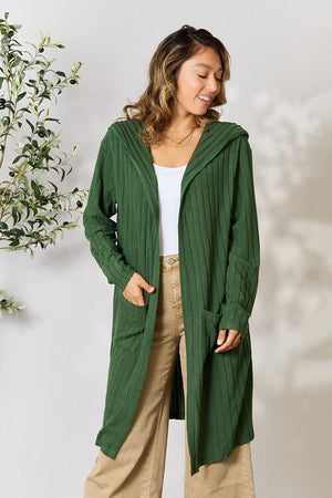 Call Me Cozy Ribbed Open Front Long Sleeve Cardigan Green S Hooded Cardigan by Vim&Vigor | Vim&Vigor Boutique