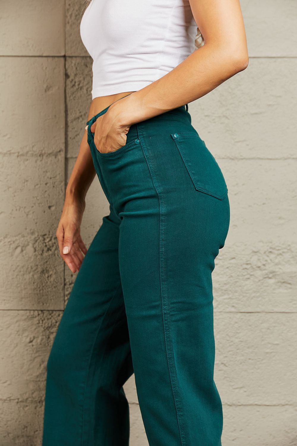 Camile Tummy Control High Waisted Cropped Wide Leg Jeans by Judy blue Teal Tummy Control Jeans by Vim&Vigor | Vim&Vigor Boutique