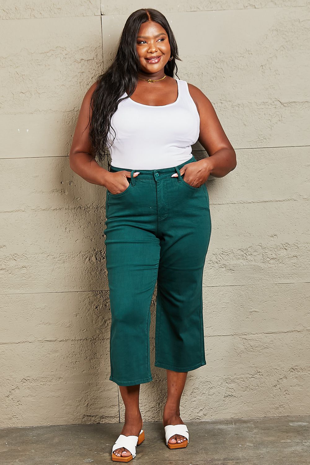 Camile Tummy Control High Waisted Cropped Wide Leg Jeans by Judy blue Teal Tummy Control Jeans by Vim&Vigor | Vim&Vigor Boutique