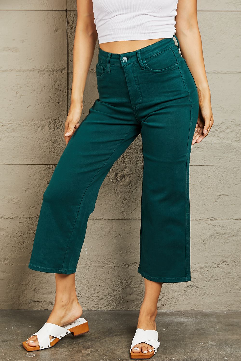 Camile Tummy Control High Waisted Cropped Wide Leg Jeans by Judy blue Teal Tummy Control Jeans by Vim&Vigor | Vim&Vigor Boutique