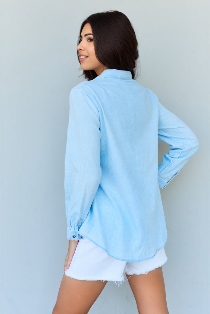 Eclectic Denim Button Down Shirt Top-Light Blue Light Blue Long Sleeve Tops by Vim&Vigor | Vim&Vigor Boutique