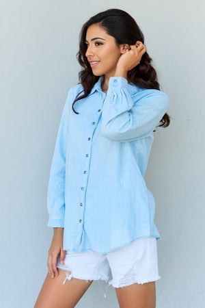 Eclectic Denim Button Down Shirt Top-Light Blue Light Blue Long Sleeve Tops by Vim&Vigor | Vim&Vigor Boutique