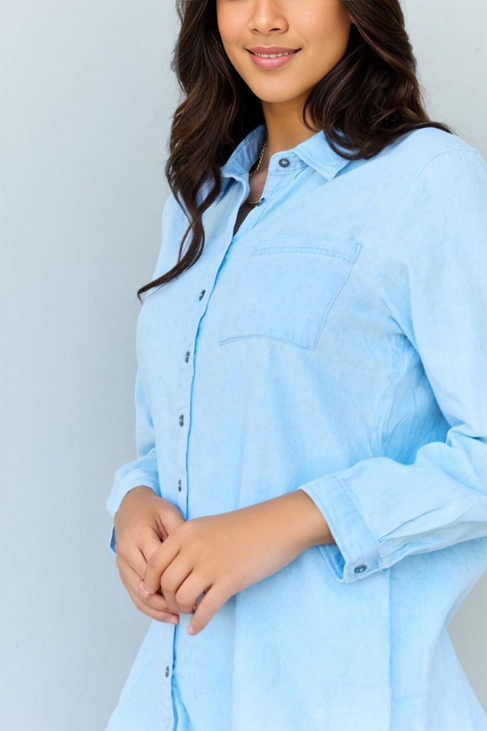 Eclectic Denim Button Down Shirt Top-Light Blue Light Blue Long Sleeve Tops by Vim&Vigor | Vim&Vigor Boutique