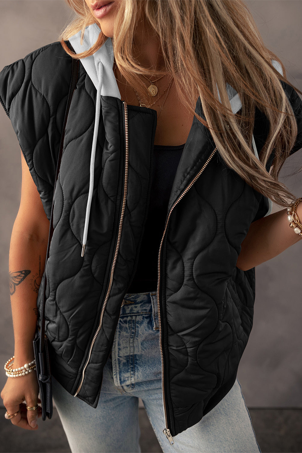 Last Call Drawstring Zip Up Hooded Vest