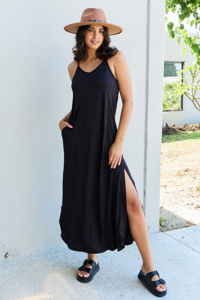 Feel The Energy Cami Side Slit Maxi Dress-Black Black Maxi Dress by Vim&Vigor | Vim&Vigor Boutique