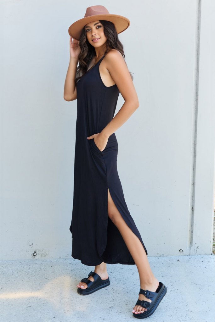 Feel The Energy Cami Side Slit Maxi Dress-Black Black Maxi Dress by Vim&Vigor | Vim&Vigor Boutique