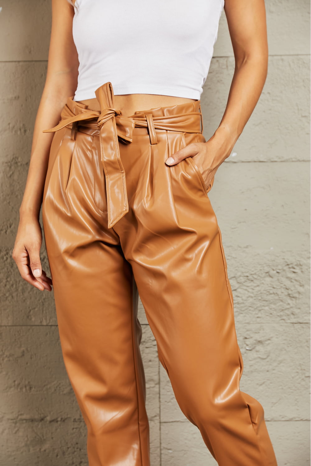 Flaunt Your Stuff Faux Leather Paperbag Waist Pants Ochre Faux Leather Pants by Vim&Vigor | Vim&Vigor Boutique