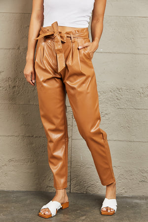 Flaunt Your Stuff Faux Leather Paperbag Waist Pants Ochre Faux Leather Pants by Vim&Vigor | Vim&Vigor Boutique