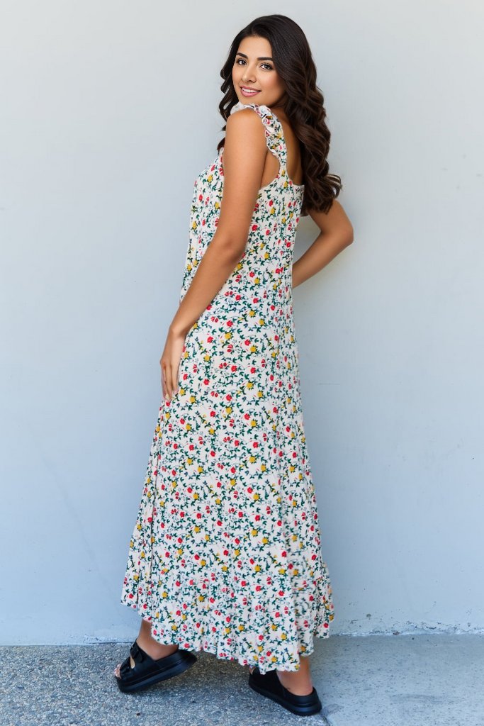 Garden Party Glamour Ruffle Floral Maxi Dress-Natural Rose Floral Maxi Dress by Vim&Vigor | Vim&Vigor Boutique