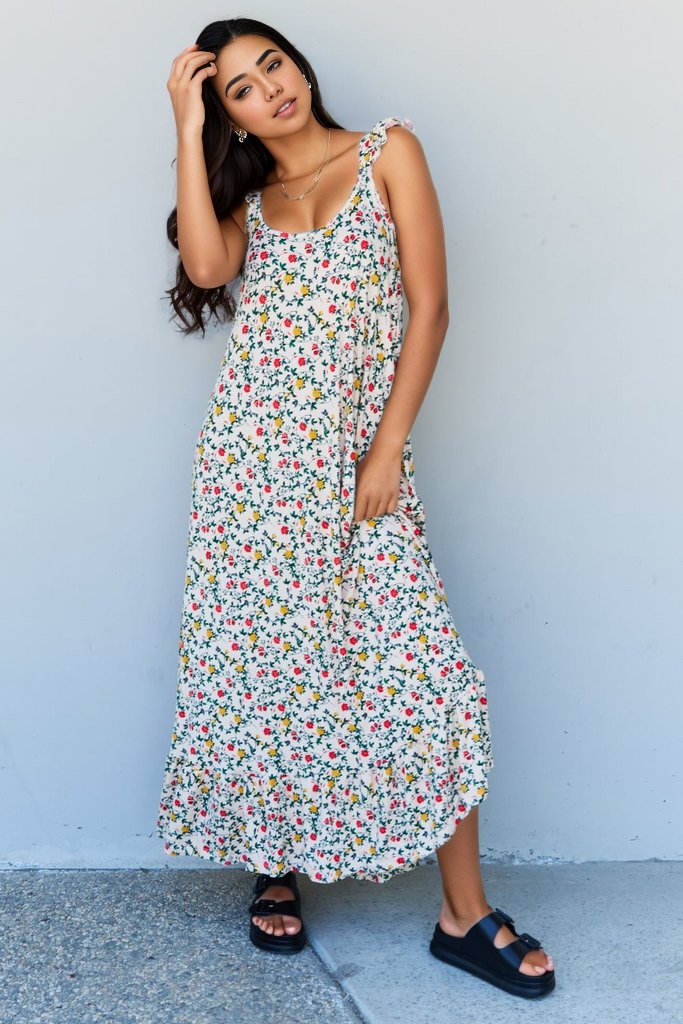 Garden Party Glamour Ruffle Floral Maxi Dress-Natural Rose Floral S Maxi Dress by Vim&Vigor | Vim&Vigor Boutique