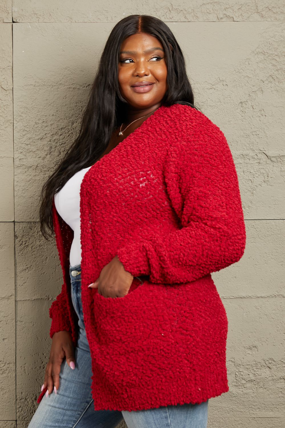 I Fell For You Open Front Popcorn Cardigan-Red Red Popcorn Cardigan by Vim&Vigor | Vim&Vigor Boutique