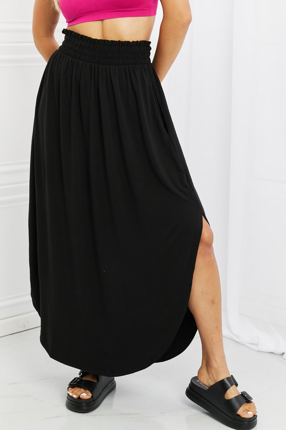 It's My Time Side Scoop Scrunch Skirt-Black Black Maxi Skirts by Vim&Vigor | Vim&Vigor Boutique