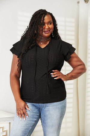 It's Simple Eyelet Tie-Neck Flutter Sleeve Blouse Black Short Sleeve Tops by Vim&Vigor | Vim&Vigor Boutique