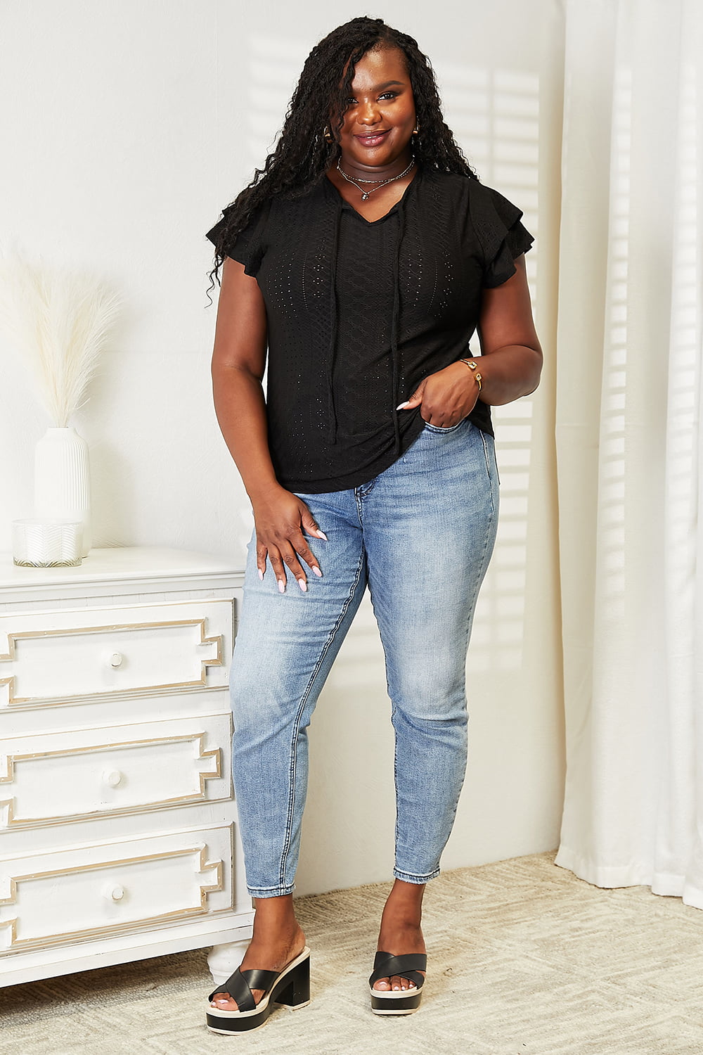 It's Simple Eyelet Tie-Neck Flutter Sleeve Blouse Black Short Sleeve Tops by Vim&Vigor | Vim&Vigor Boutique