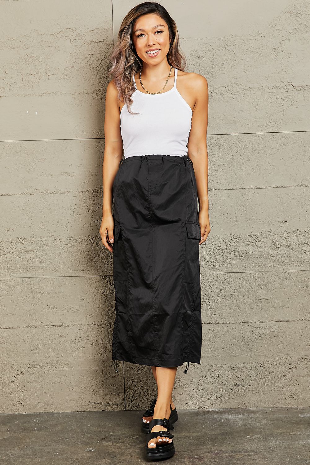 I've Got The Time High Waisted Cargo Midi Skirt-Black Black Midi Cargo Skirt by Vim&Vigor | Vim&Vigor Boutique