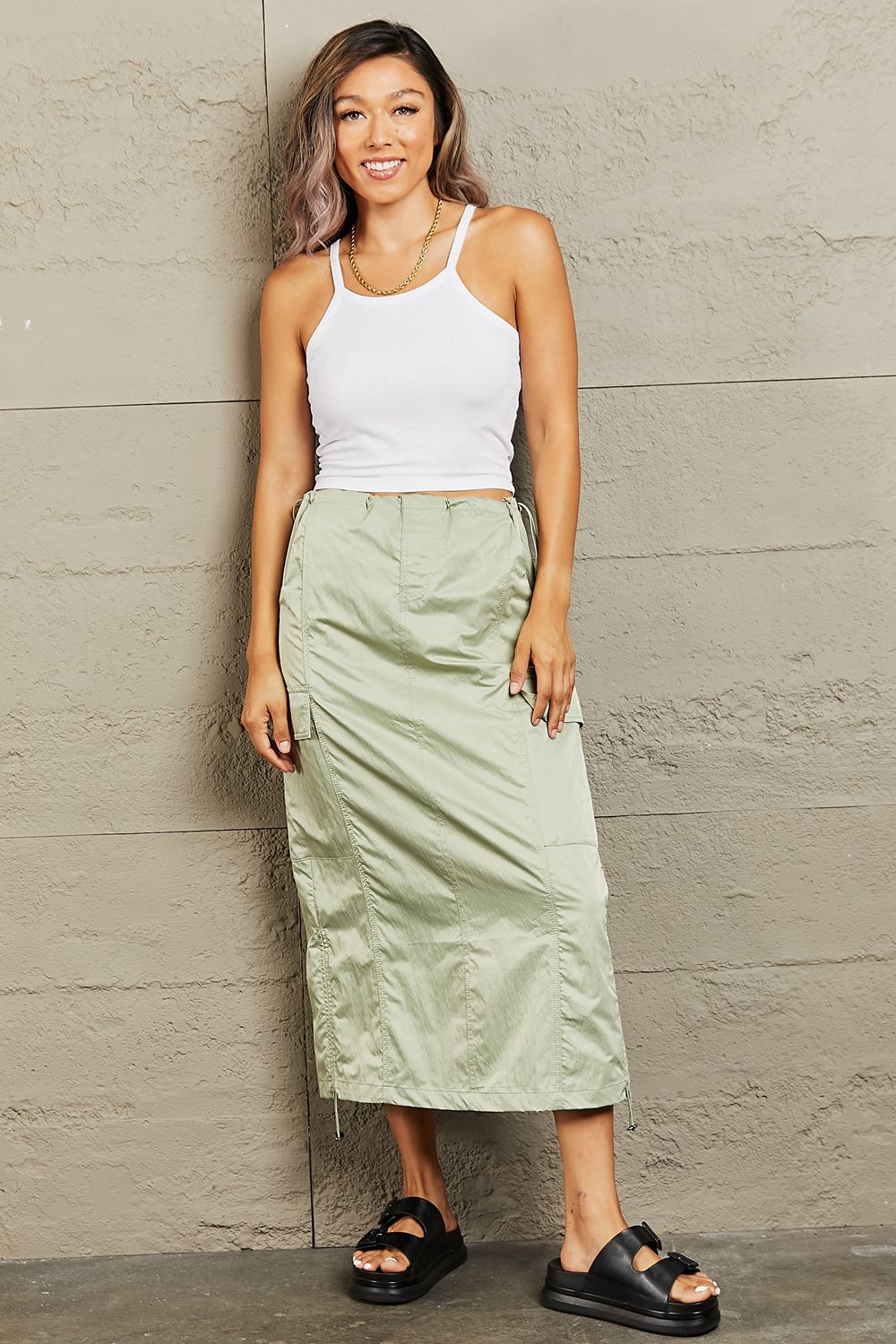 I've Got Time High Waisted Cargo Midi Skirt-Light Green Light Green Casual Midi Skirt by Vim&Vigor | Vim&Vigor Boutique