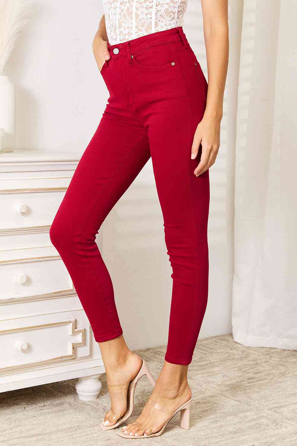 Judy Blue Scarlet High Waist Tummy Control Skinny Jeans Red High Waist Tummy Control Jeans by Vim&Vigor | Vim&Vigor Boutique