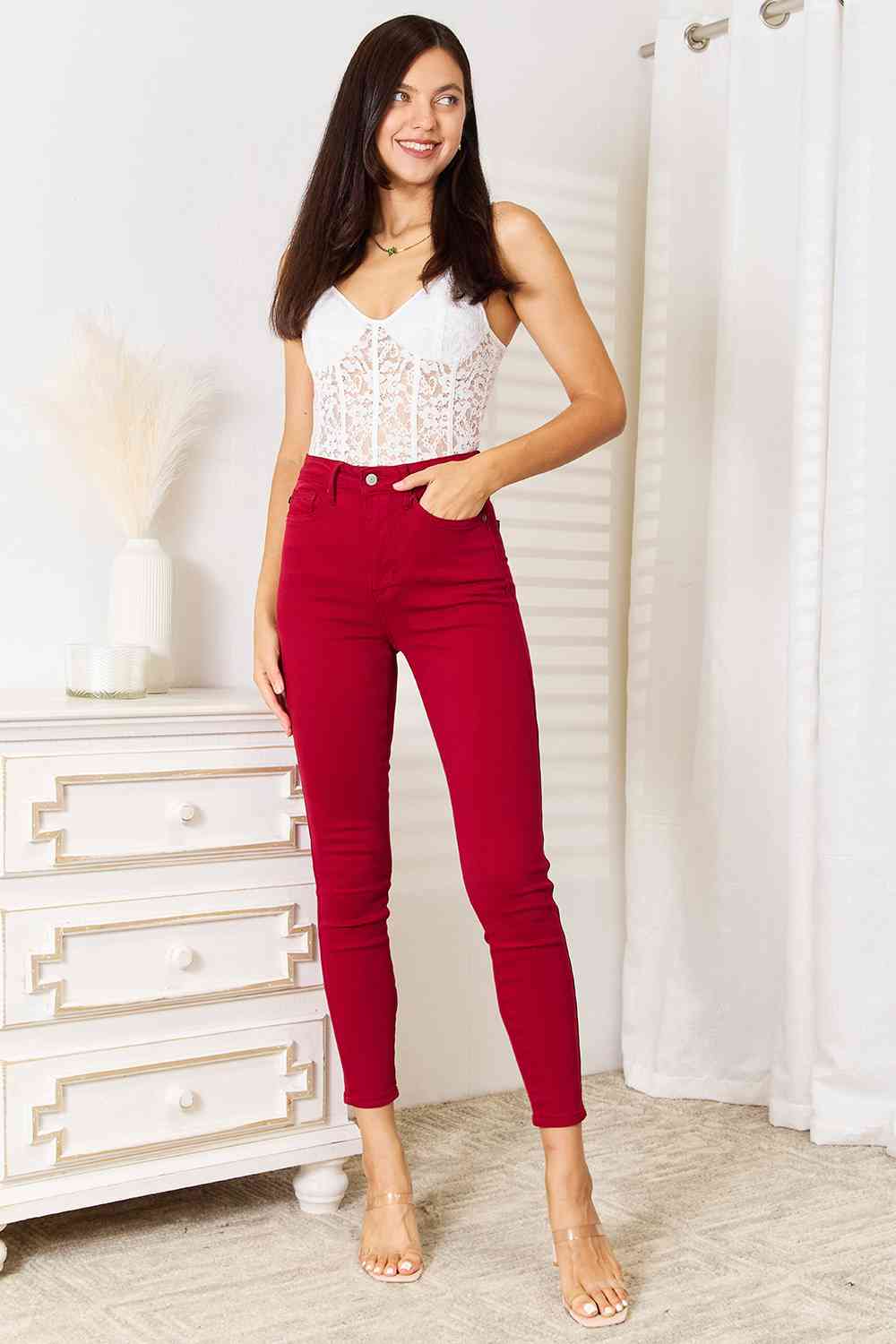 Judy Blue Scarlet High Waist Tummy Control Skinny Jeans Red High Waist Tummy Control Jeans by Vim&Vigor | Vim&Vigor Boutique