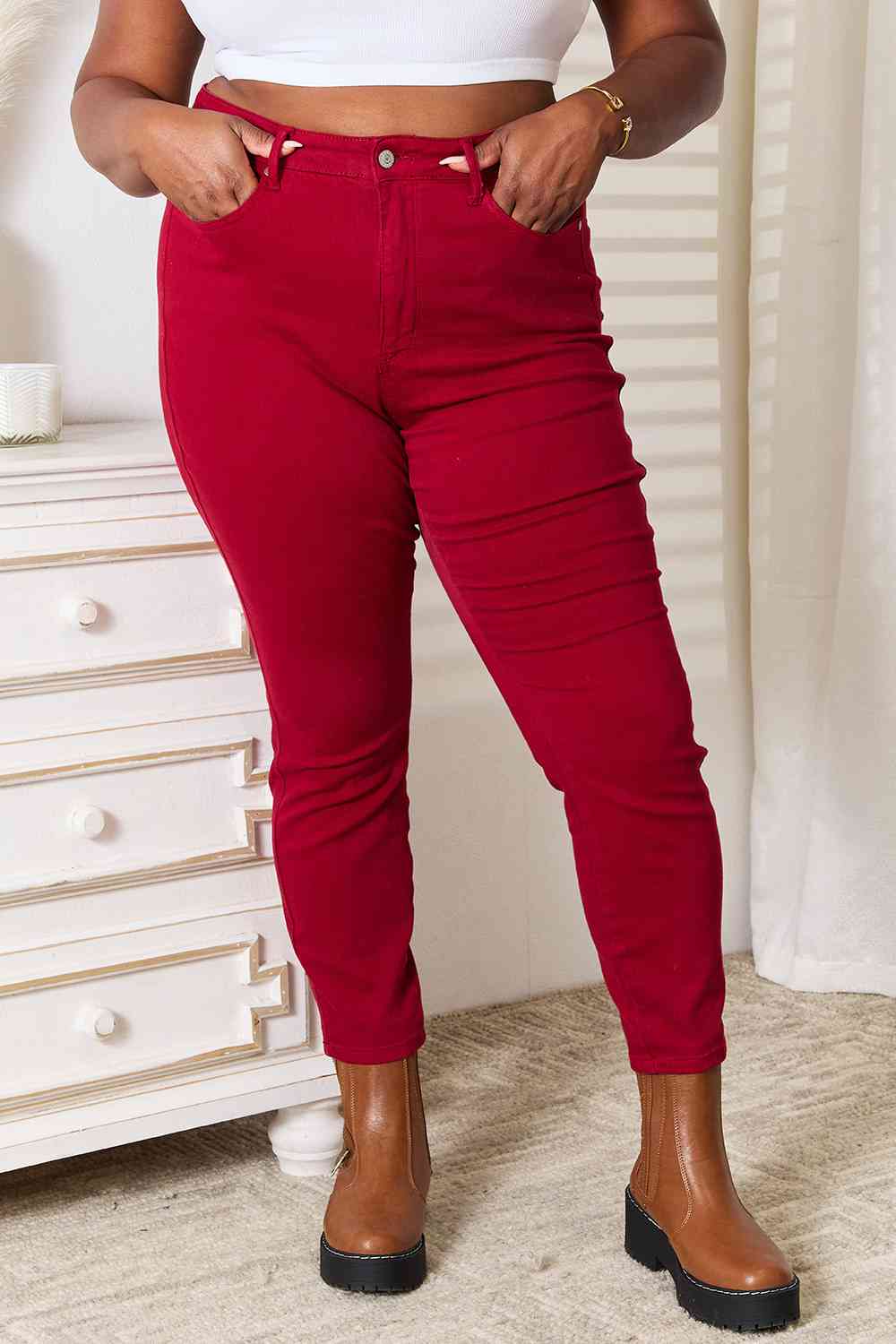 Judy Blue Scarlet High Waist Tummy Control Skinny Jeans Red High Waist Tummy Control Jeans by Vim&Vigor | Vim&Vigor Boutique