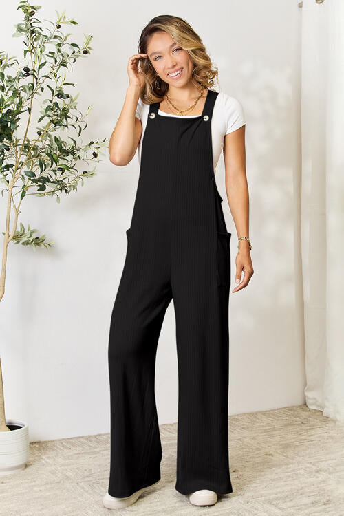 Jump Into Comfort Wide Strap Overall with Pockets Black S Jumpsuits by Vim&Vigor | Vim&Vigor Boutique