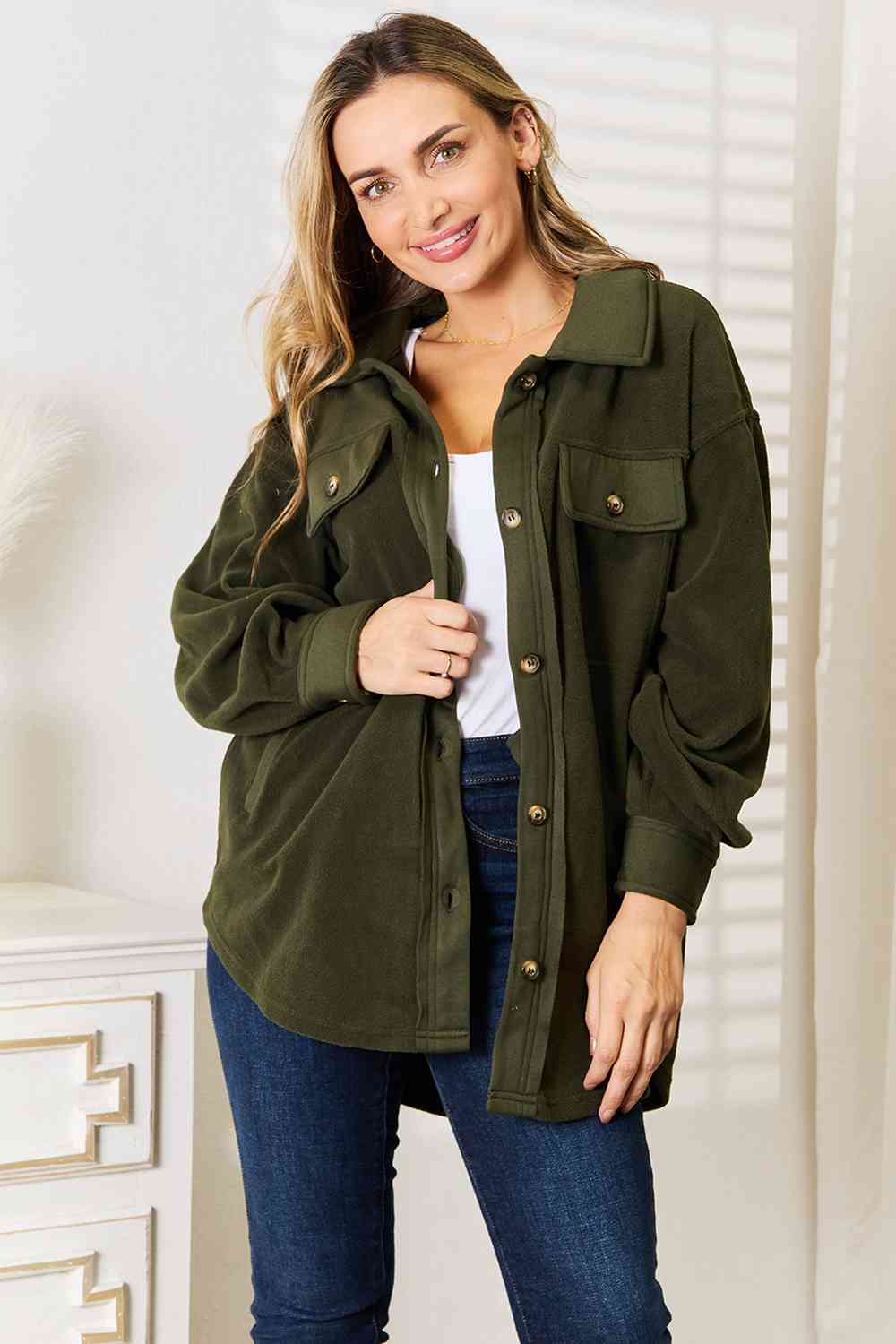 Keeping It Cozy Button Down Shacket-Army Green Army Green Shackets by Vim&Vigor | Vim&Vigor Boutique