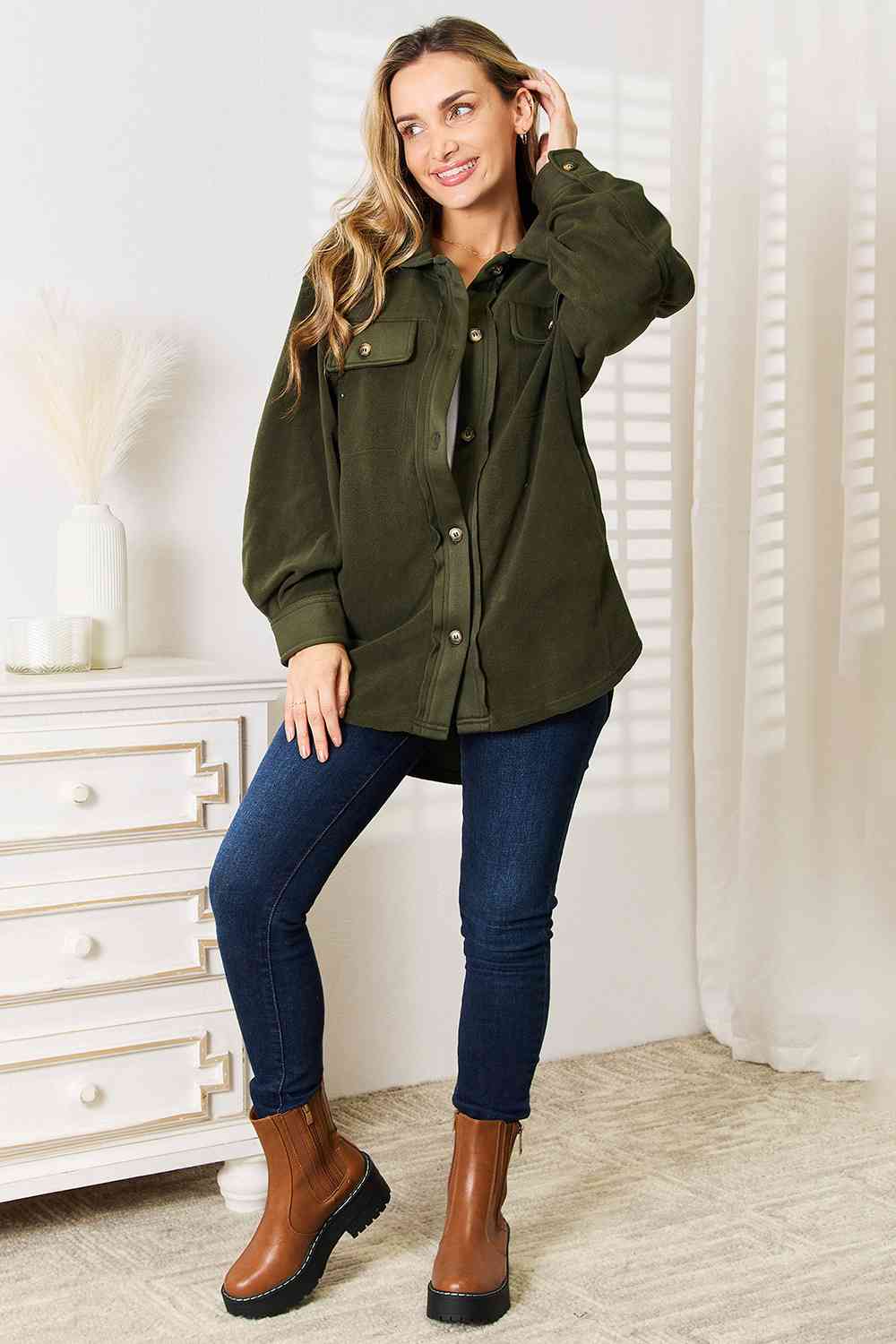 Keeping It Cozy Button Down Shacket-Army Green Army Green Shackets by Vim&Vigor | Vim&Vigor Boutique