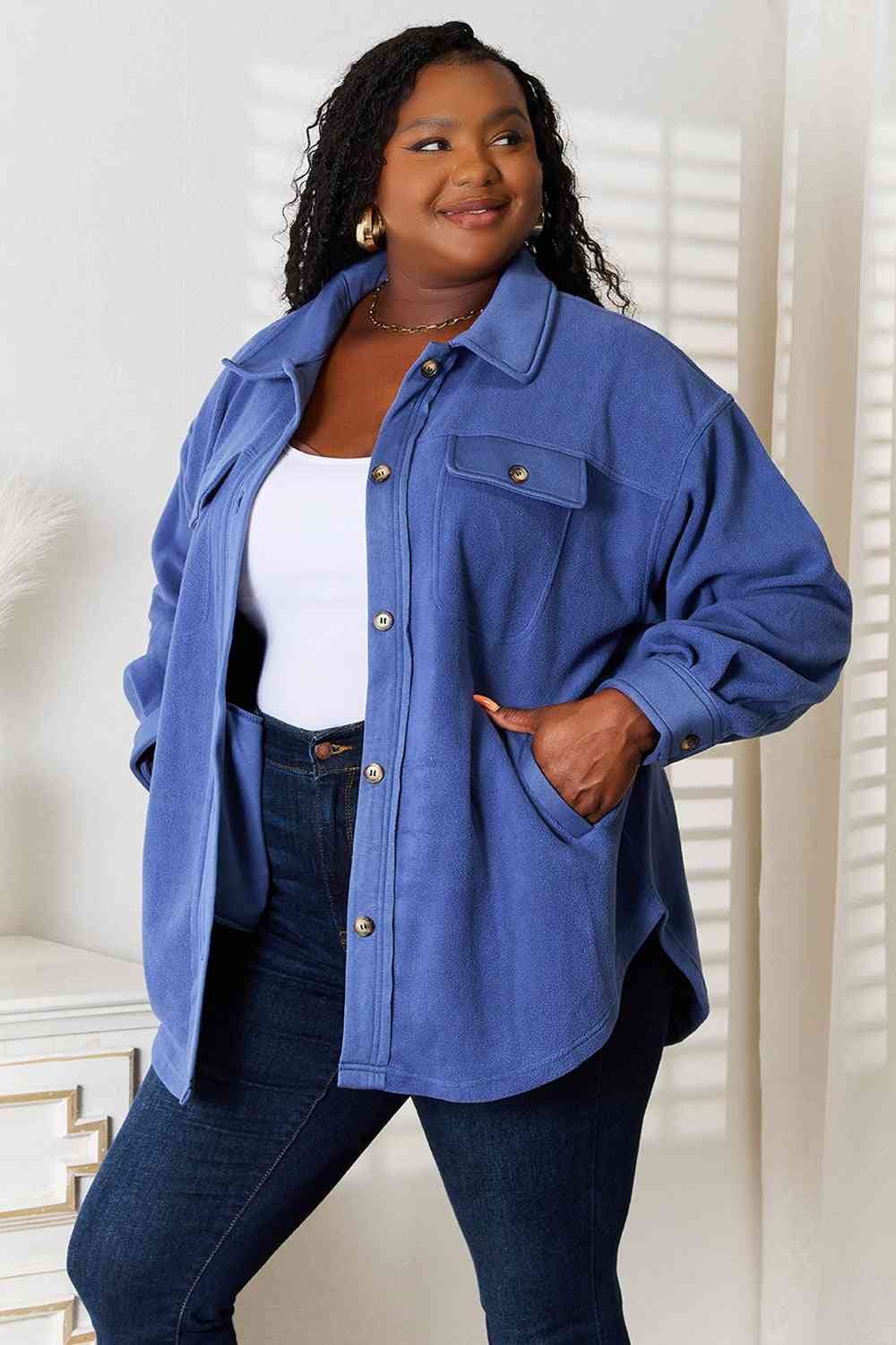 Keeping It Cozy Button Down Shacket-Dusty Blue Dusty Blue Shackets by Vim&Vigor | Vim&Vigor Boutique