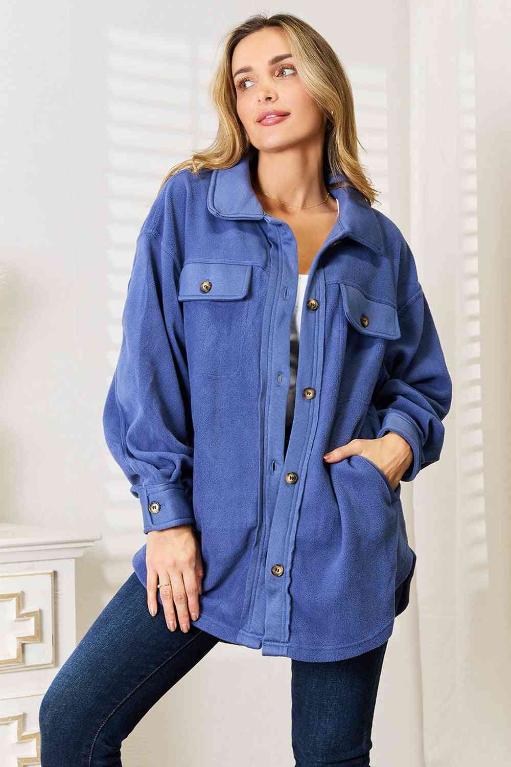 Keeping It Cozy Button Down Shacket-Dusty Blue Dusty Blue Shackets by Vim&Vigor | Vim&Vigor Boutique