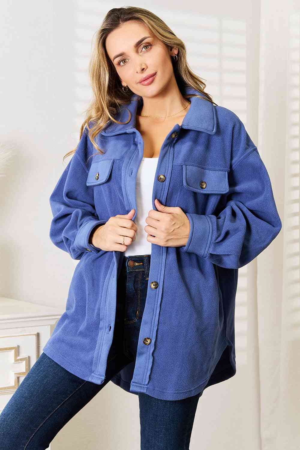 Keeping It Cozy Button Down Shacket-Dusty Blue Dusty Blue Shackets by Vim&Vigor | Vim&Vigor Boutique