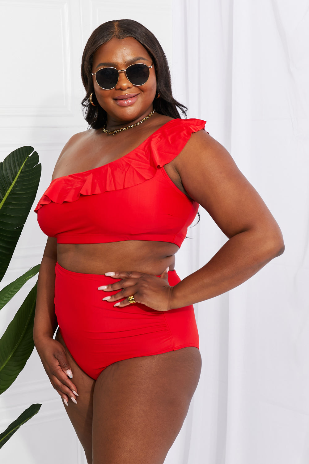 Marina West Swim Seaside Romance Ruffle One-Shoulder Bikini in Red Scarlett S Swimwear by Vim&Vigor | Vim&Vigor Boutique