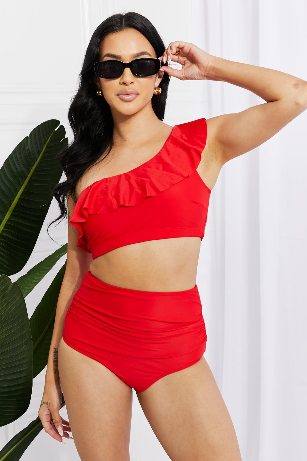 Marina West Swim Seaside Romance Ruffle One-Shoulder Bikini in Red Scarlett Swimwear by Vim&Vigor | Vim&Vigor Boutique