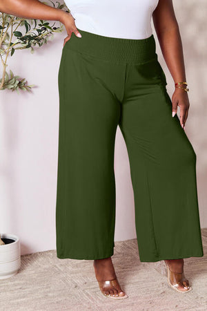 More Than One Smocked Wide Waistband Wide Leg Pants Army Green S Wide Leg Pants by Vim&Vigor | Vim&Vigor Boutique