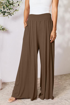 More Than One Smocked Wide Waistband Wide Leg Pants Coffee Brown S Wide Leg Pants by Vim&Vigor | Vim&Vigor Boutique