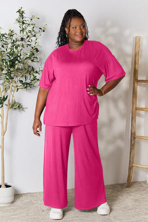 No Mistake Round Neck Slit Top and Pants Set Hot Pink S Pants Set by Vim&Vigor | Vim&Vigor Boutique