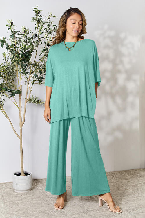 No Mistake Round Neck Slit Top and Pants Set Turquoise S Pants Set by Vim&Vigor | Vim&Vigor Boutique