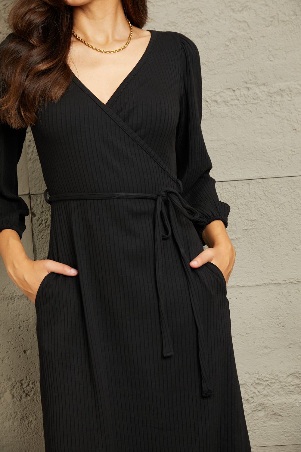 No Way Around It Surplice Flare Ruching Dress-Black Black Wrap Knee Knee Length Dress by Vim&Vigor | Vim&Vigor Boutique