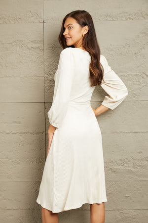 No Way Around It Surplice Flare Ruching Dress-Ivory Ivory Wrap Style Knee Length Dress by Vim&Vigor | Vim&Vigor Boutique