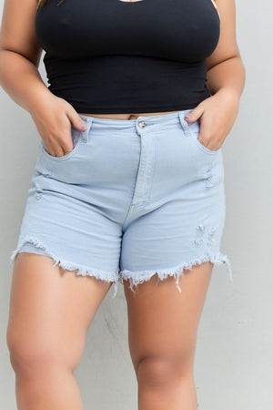 Post Up High Waisted Distressed Shorts-Ice Blue Light-Blue Denim Shorts by Vim&Vigor | Vim&Vigor Boutique