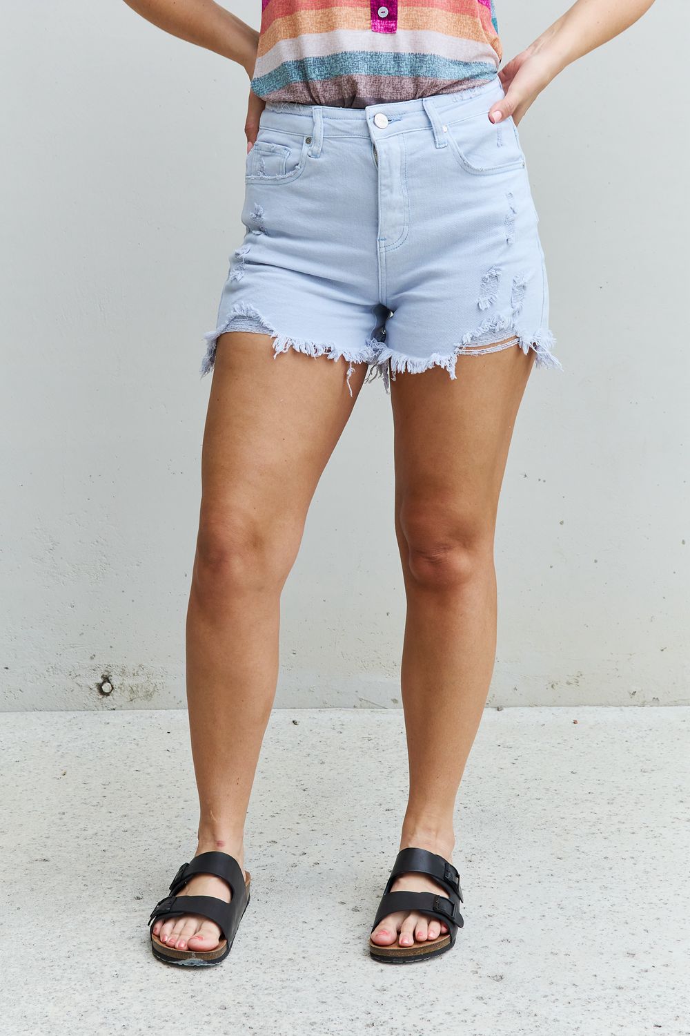 Post Up High Waisted Distressed Shorts-Ice Blue Light-Blue Denim Shorts by Vim&Vigor | Vim&Vigor Boutique